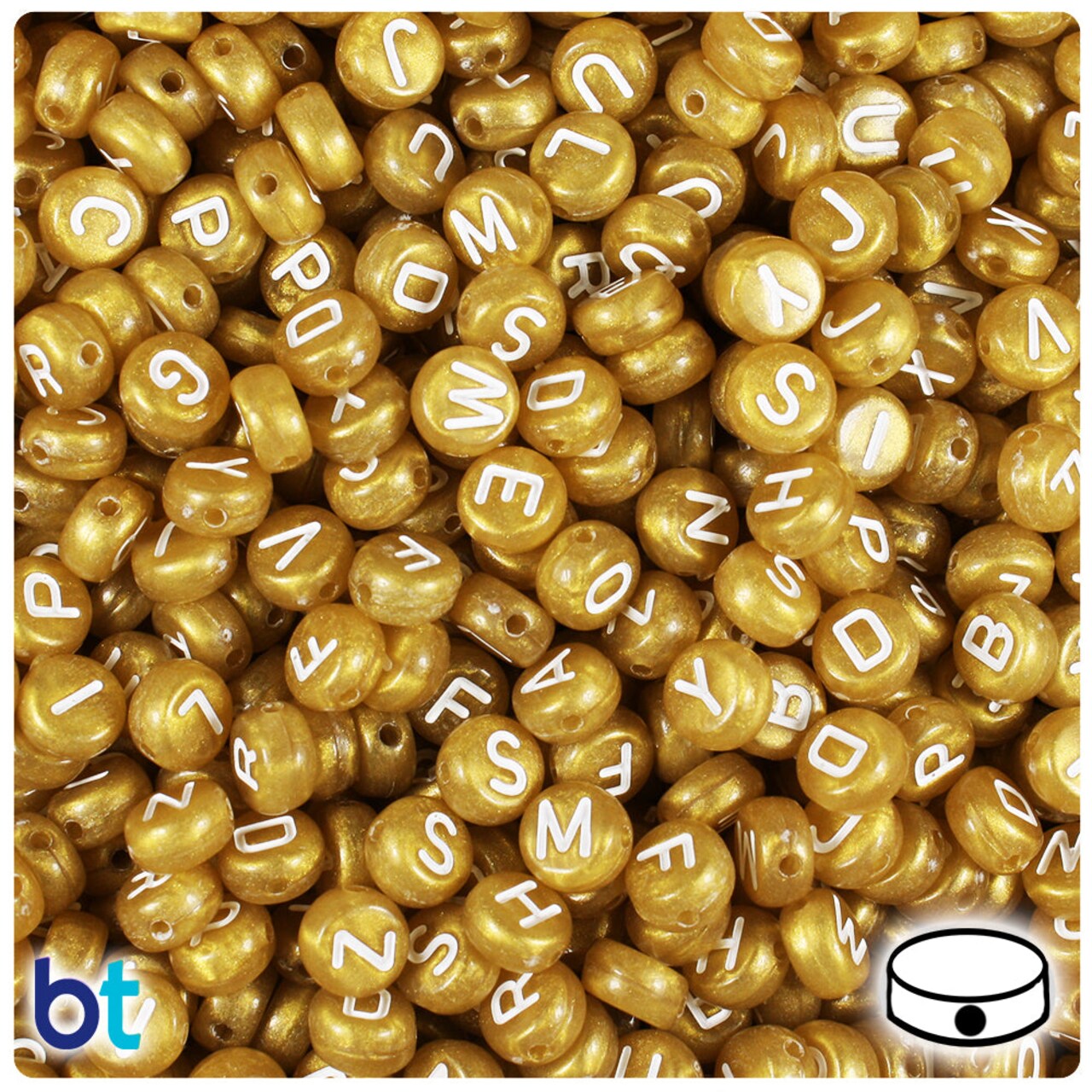 BeadTin Gold Pearl 7mm Coin Plastic Alpha Beads - White Letter Mix (250pcs)